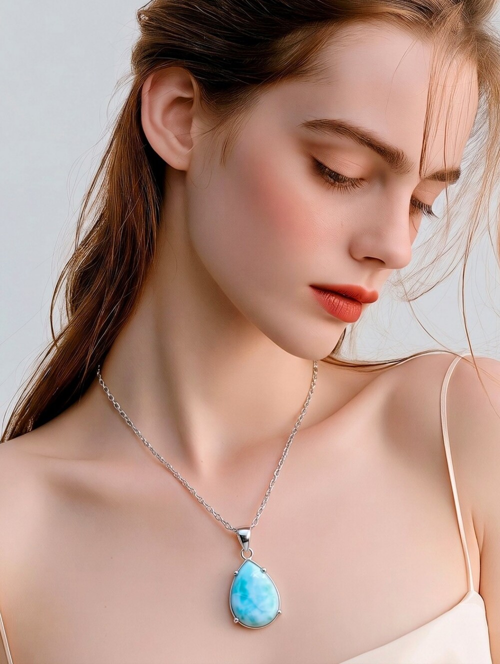 Beaux Bijoux Larimar Teardrop Sterling Silver Pendant Necklace Beach Alt NWT